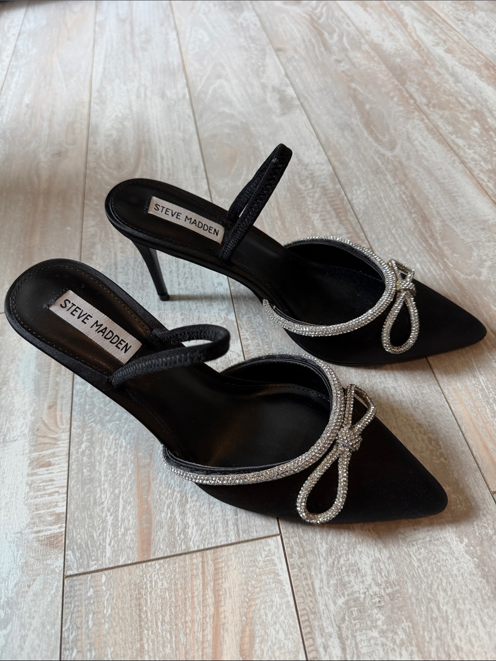 Steve Madden Black Satin Pointed Toe Mule Heels with Crystal Bow Trim